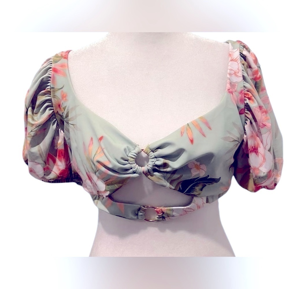 ALTAR’D STATE ruffle puff sleeve tropical floral bikini top NWOT
